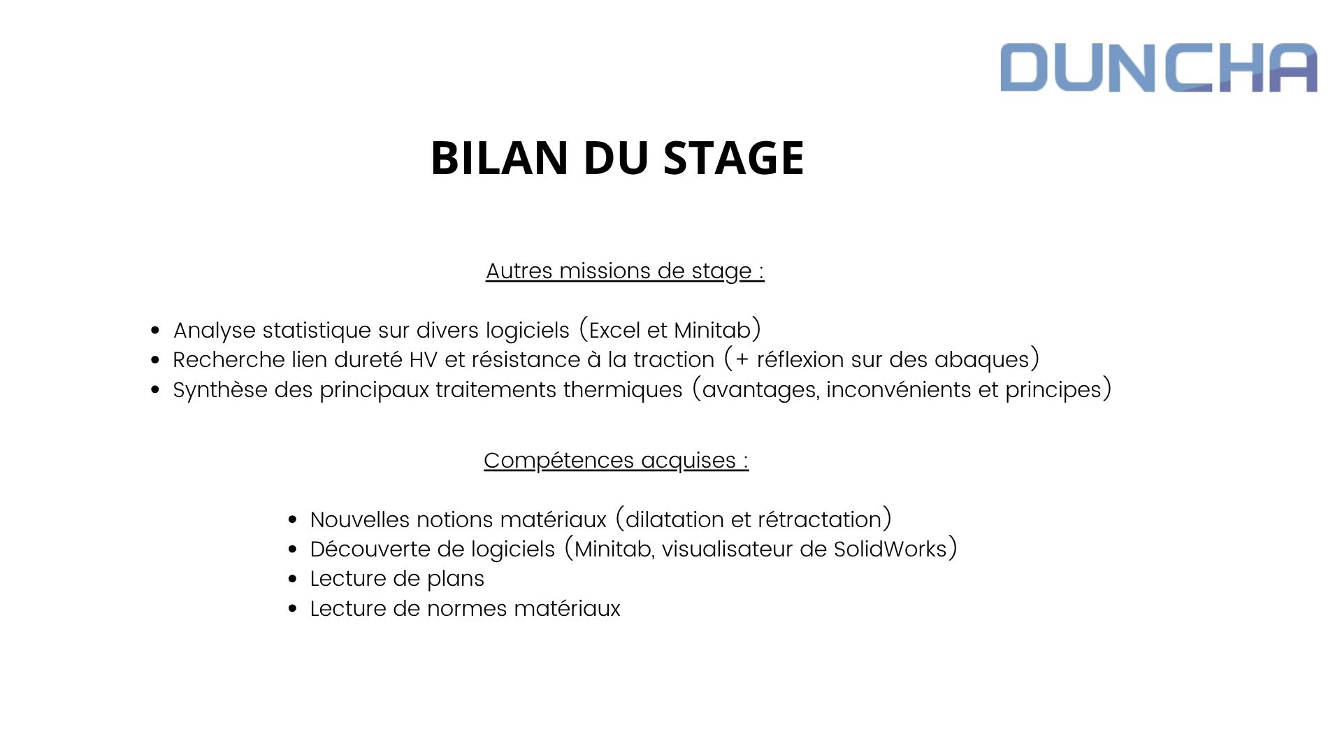 Récapitulatif du stage